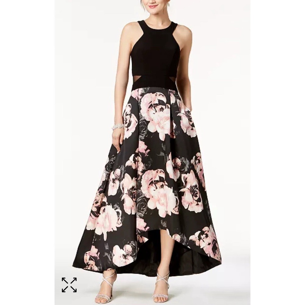 XSCAPE Size 16W Solid & Floral-Print High-Low Gown Mesh Cut Outs‎ Formal